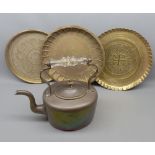 Mixed Lot: three brass Benares type trays, largest 11" diameter, together with a further Victorian