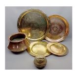 Mixed Lot: copper and brass wares to include circular brass tray marked with central RAF crest,