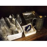 Mixed Lot: assorted silver plated wares to include hot water jug, salt with blue glass liner,