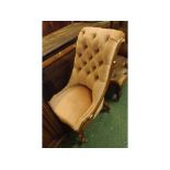 Victorian pink buttoned upholstered high back side or nursing chair, raised on front cabriole legs