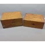 Two 19th century mahogany former writing boxes, of rectangular form (requiring restoration)