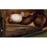 Box of mixed items: vintage parasol, various treen wares, hen-shaped egg crock etc (qty)