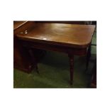 19th century mahogany D-shaped tea table, raised on turned legs, 36" wide