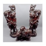 Mixed Lot: Chinese hardwood carvings comprising a pair of figures carrying mythological beasts,