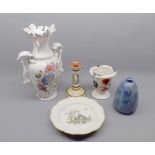 Mixed Lot: 19th century floral decorated double-handled vase, Torquay Pottery candlestick, small