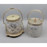 Two cut clear glass and silver plate mounted biscuit barrels, approx 8" high (2)