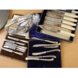 Mixed lot: various cased cutlery, vintage mincer, pewter tray etc