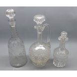 Claret jug, bottle-shaped decanter and further small facetted decanter (3)