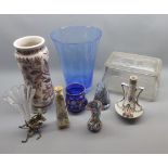 Mixed Lot: blue Art Glass vase, clear glass fish-decorated box, various small glass and ceramic