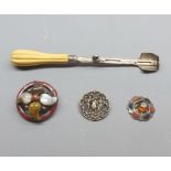 Mixed lot: silver plated Stilton scoop, an over-sized Scottish hardstone brooch (A/F), and two