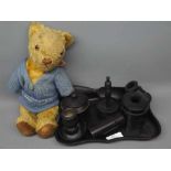 Mixed lot: ebony dressing table set and a vintage teddy bear