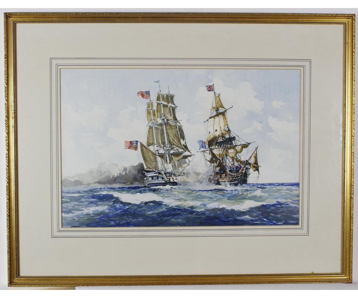 * JOHN SUTTON (BORN 1935, BRITISH) A Sea Battle Involving The Constitution watercolour, signed lower