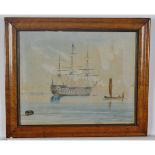 ENGLISH SCHOOL (19TH CENTURY) Three Decker off a coast watercolour 11 1/2 x 14 ins