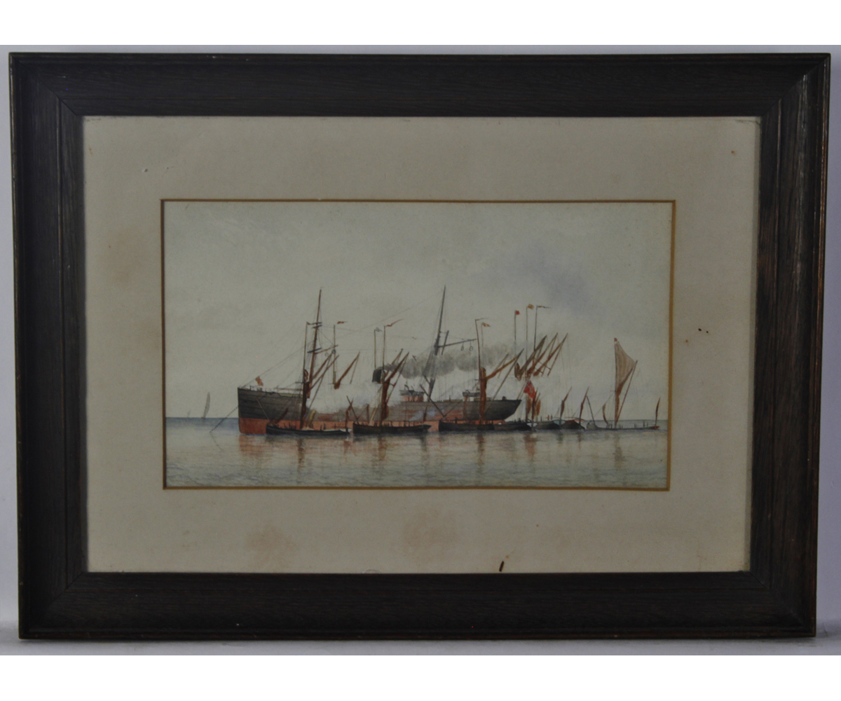 ATTRIBUTED TO GEORGE LADDIMAN (19TH/20TH CENTURY, BRITISH) Unloading cargo watercolour 6 x 10 ins