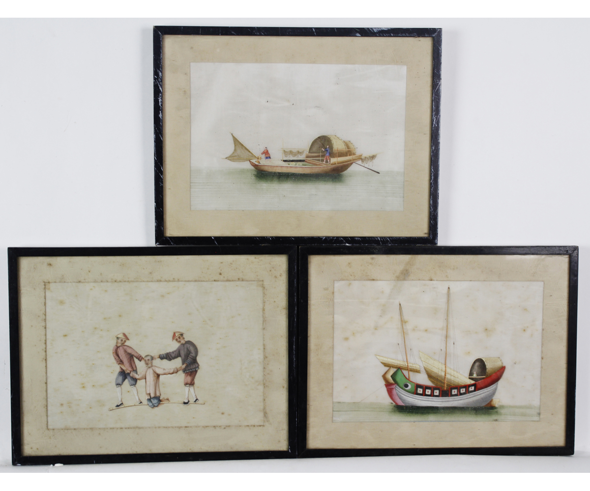 JAPANESE SCHOOL (19TH CENTURY) Boating and Torture scenes group of three watercolours on rice