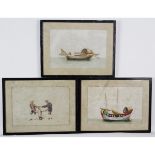 JAPANESE SCHOOL (19TH CENTURY) Boating and Torture scenes group of three watercolours on rice