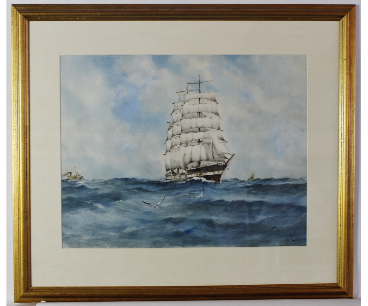 J M EARL (19TH/20TH CENTURY, BRITISH) Clipper in full sail watercolour, signed lower right 14 x 18