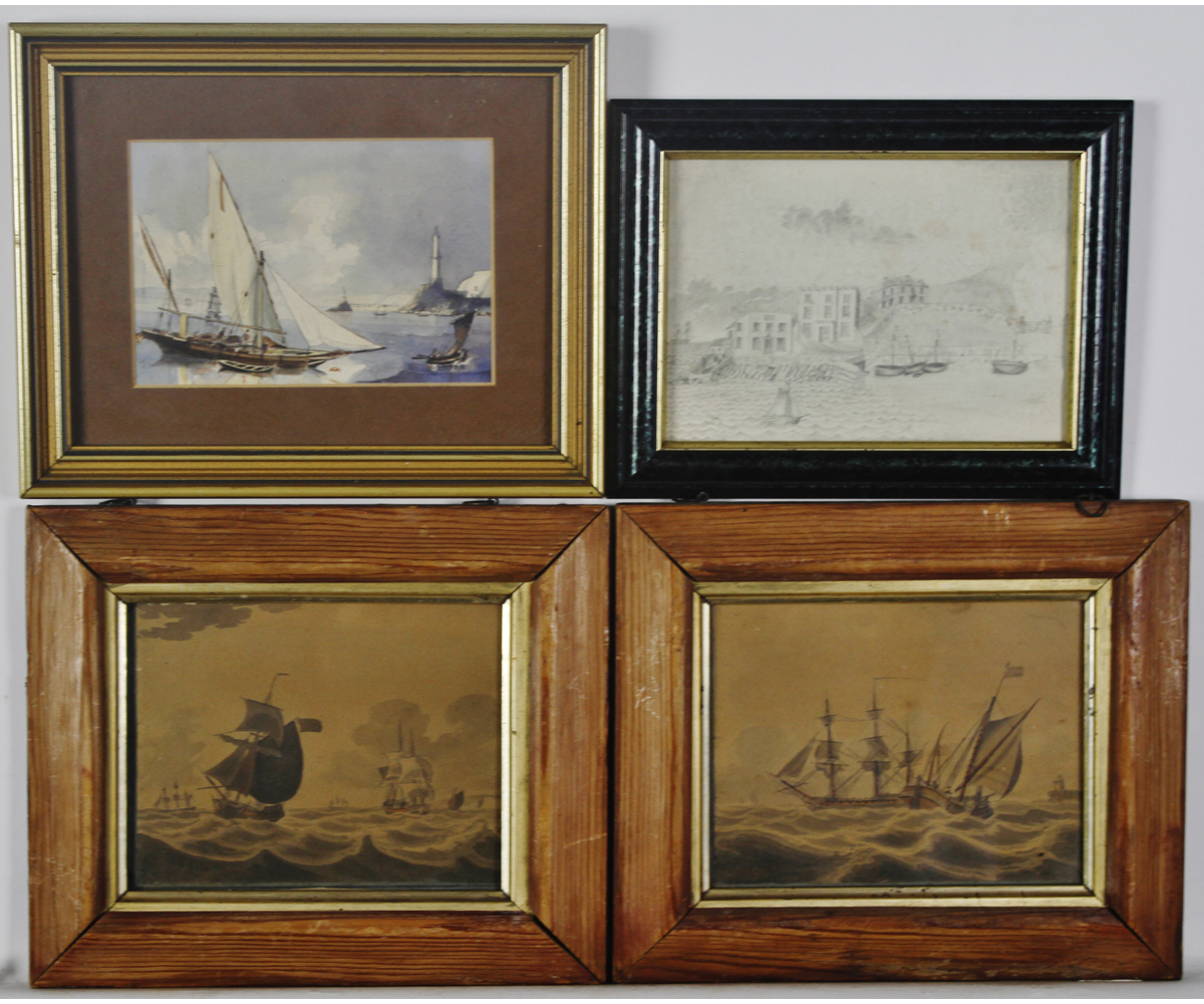 ENGLISH SCHOOL (19TH CENTURY) Boats off a harbour, lighthouse to distance 4 x 6 ins together with