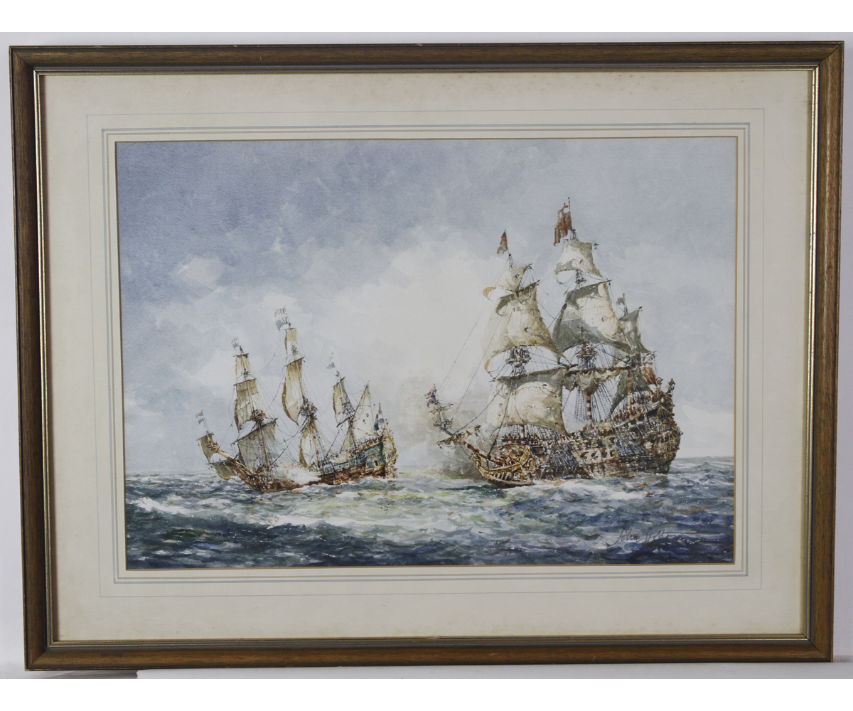 * JOHN SUTTON (BORN 1935, BRITISH) "Sea Fight Between English and Dutch Man of War" watercolour,