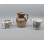 Victorian "Farmer's Arms" loving cup, Welsh wedding mug, further harvest jug (chipped) (3)