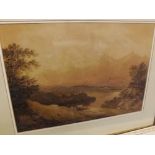 19TH CENTURY ENGLISH SCHOOL, watercolour, Lakeland scene with figure and cattle, 11" x 16"
