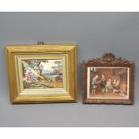 UNSIGNED, miniature, Interior scene with figures, 3" x 3 1/2"; together with an enamelled printed