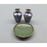 Two oriental small cloisonne vases, together with a further circular dish (3)
