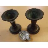 Pair of copper plated base metal spill vases, and silver plated (Elkington) shell-shaped butter dish