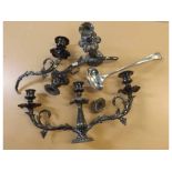 Silver plated two branch candelabrum, two further sconces and a candlestick