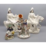 Mixed Lot: Staffordshire wares comprising two figures on horseback, tree trunk vase and further