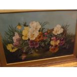 H B DOWNING, SIGNED, oil on canvas, Still life study of mixed flowers on a mossy bank, 11 1/2" x