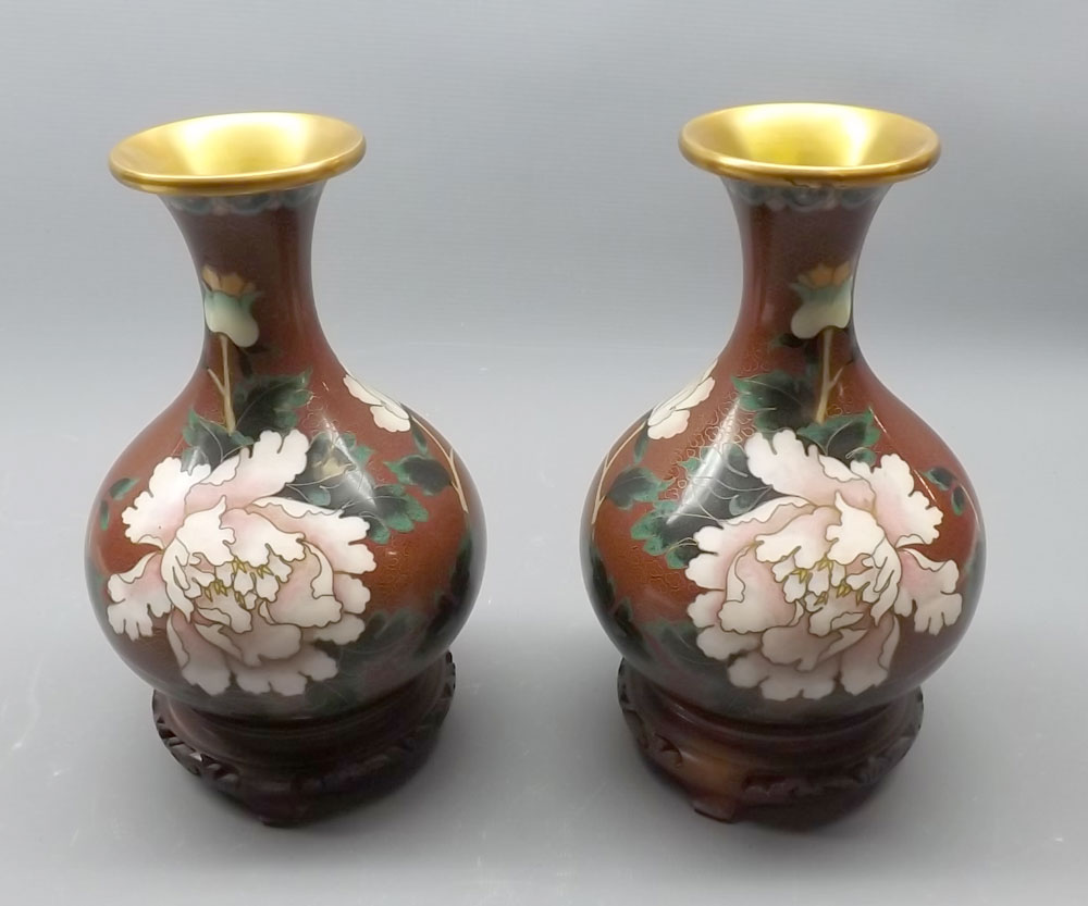 Pair of oriental cloisonne vases, of baluster form, 7 1/2" high