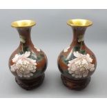 Pair of oriental cloisonne vases, of baluster form, 7 1/2" high