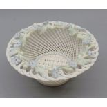 Belleek circular lattice ware bowl, the rim encrusted with coloured foliage, impressed mark, 6"