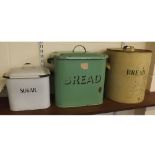 Three vintage enamel lidded containers, two of square form for bread and sugar, and a further