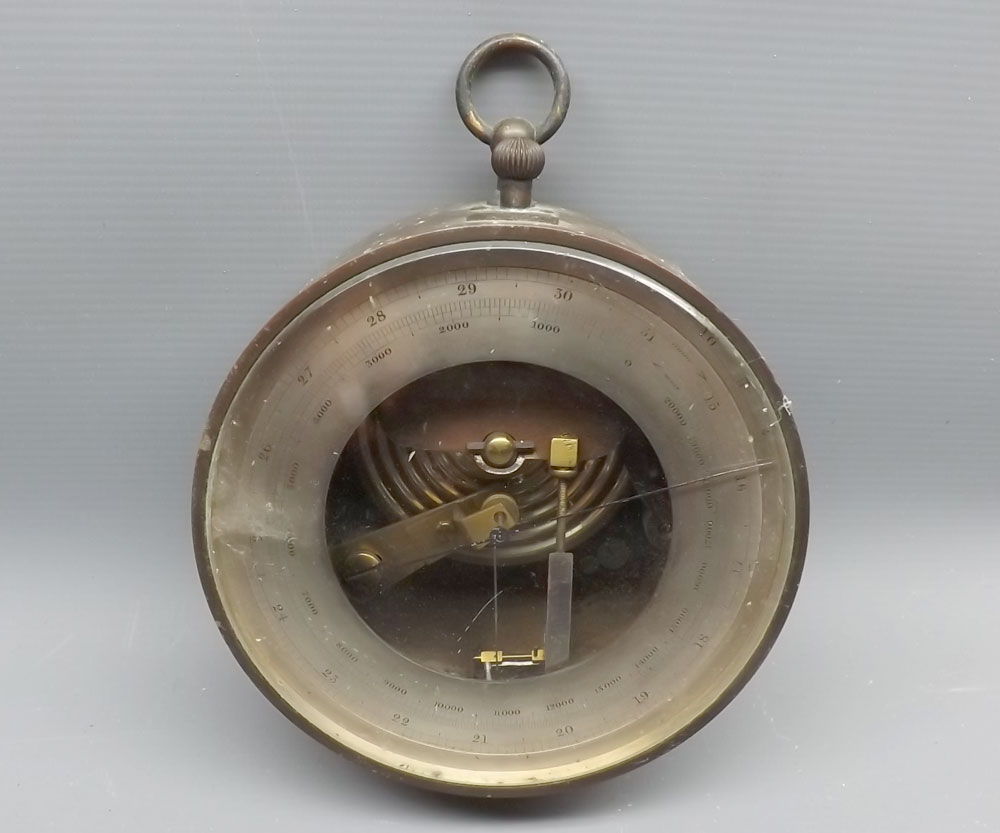Late 19th or early 20th century brass cased circular aneroid barometer, unsigned, 5" diameter