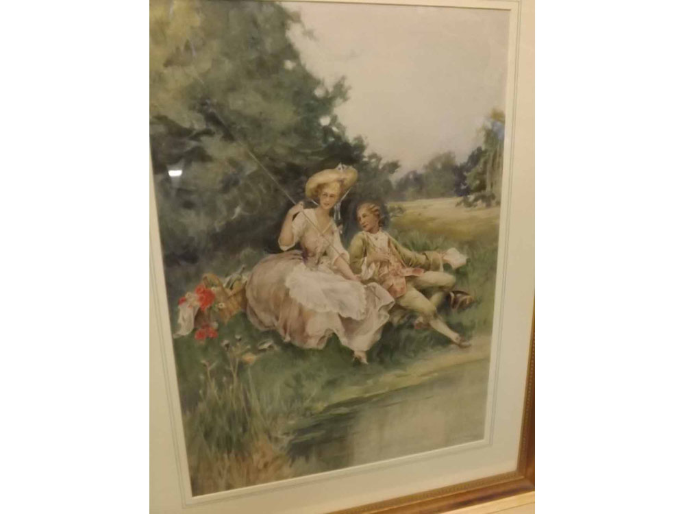 M MONTBARD, watercolour study, Young lovers by riverside, 23" x 16 1/2, in modern gilt frame