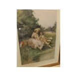 M MONTBARD, watercolour study, Young lovers by riverside, 23" x 16 1/2, in modern gilt frame
