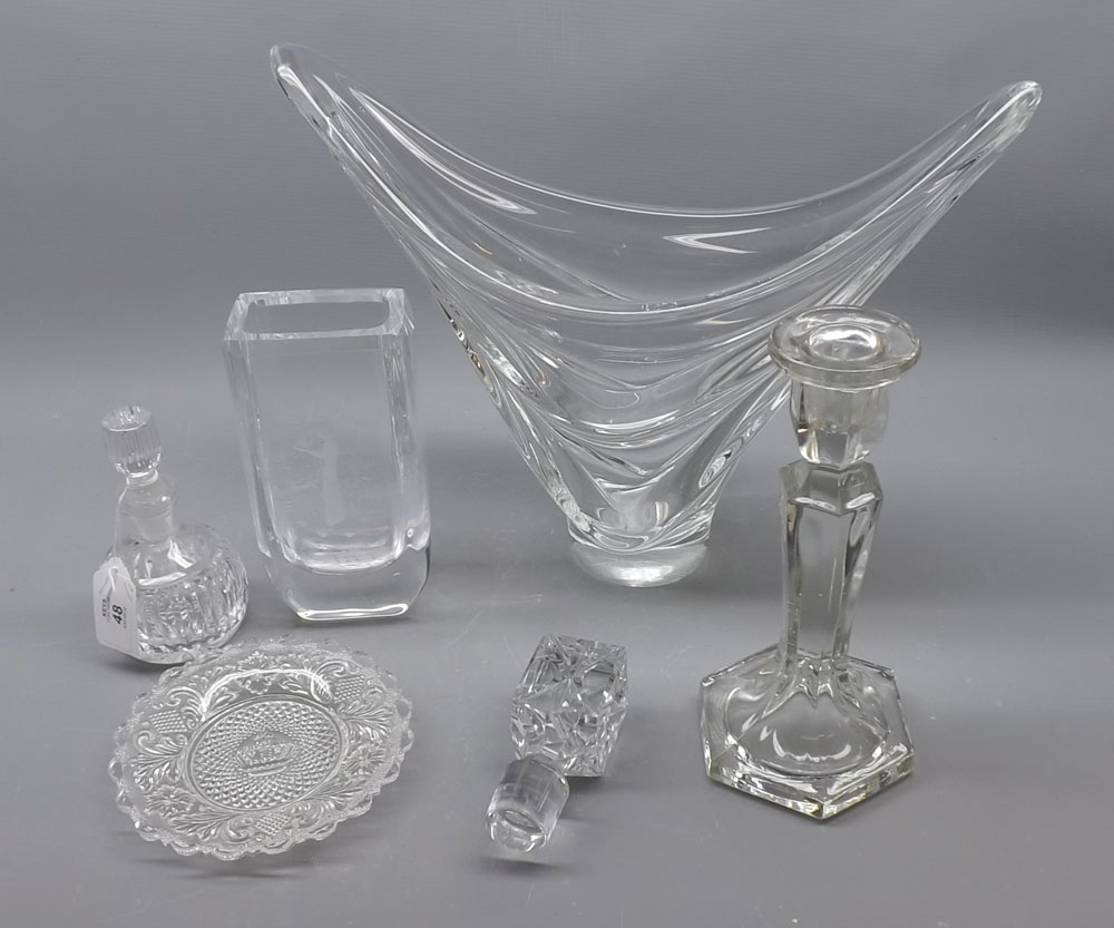 Various glass: French angular vase; further Baccarat type vase decorated with a silhouette;