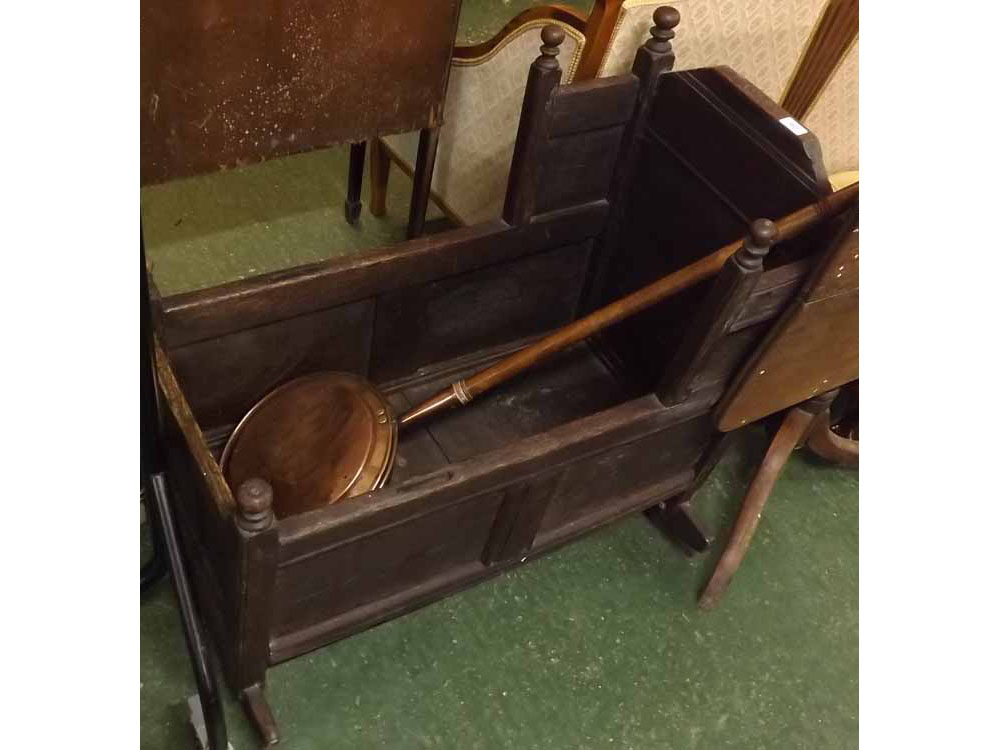 19th century oak rocking crib (possibly constructed from period timbers), together with a copper