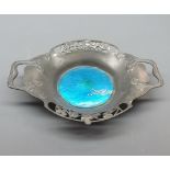 Early 20th century two-handled pewter dish with blue enamel inset, base numbered 0287 and