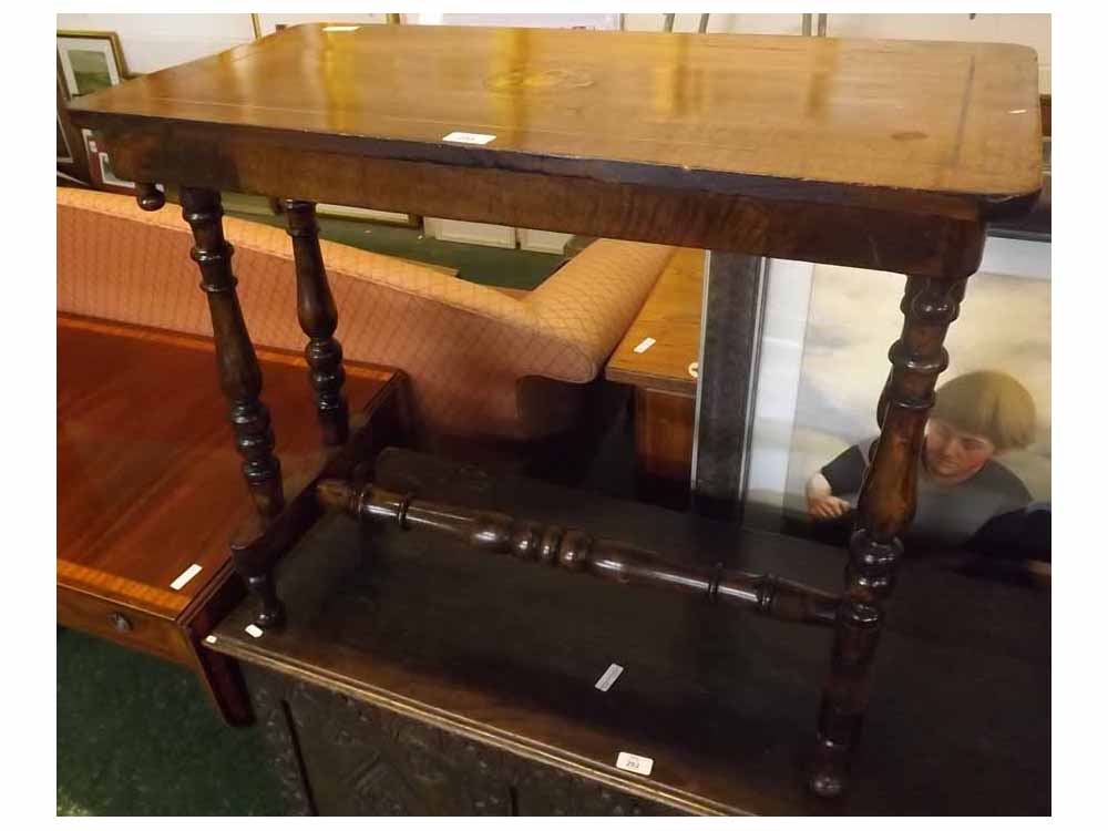 Victorian mahogany and inlaid side table raised on turned supports, 32 1/2" wide