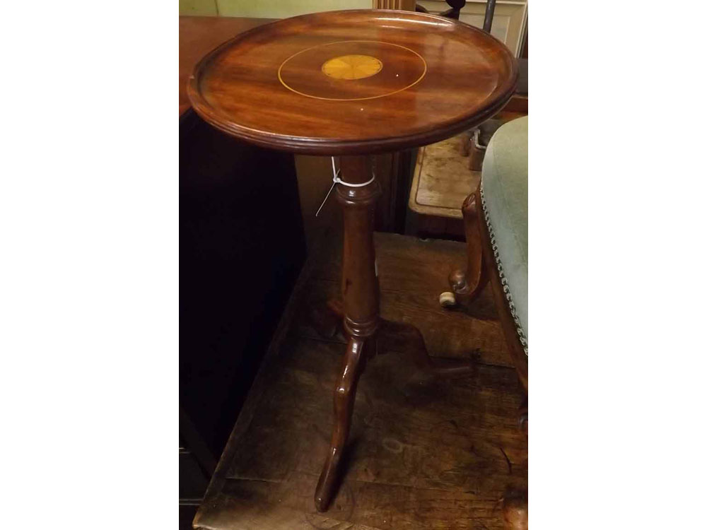 Reproduction mahogany inlaid wine table, 9 1/2" diameter