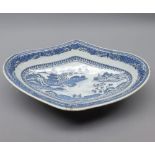 19th century Chinese oval dish, decorated in underglaze blue with a river scene (repaired), 12 1/
