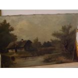 A MOORE, SIGNED, oil on canvas, River landscape with cottage, 14" x 20"; together with a further