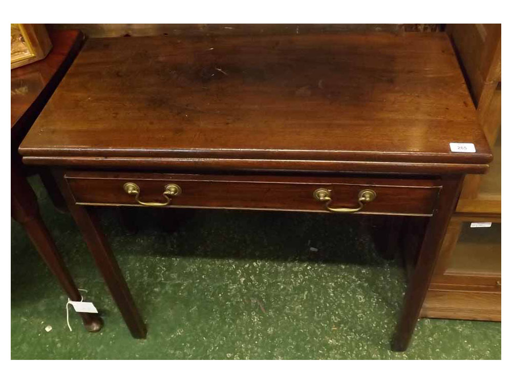 19th century mahogany fold top tea table with draw below, 32" wide