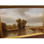 JOHN MACE, MONOGRAMMED, oil on board, River landscape with cattle, 12 1/2" x 19 1/2"