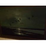 DEREK LYNES, SIGNED AND DATED 1977, oil on board, Ducks in flight over moonlit estuary, 19" x 29"