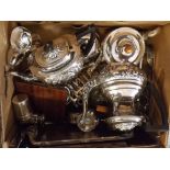 Box: various silver plate including part tea service, toast rack, trays etc