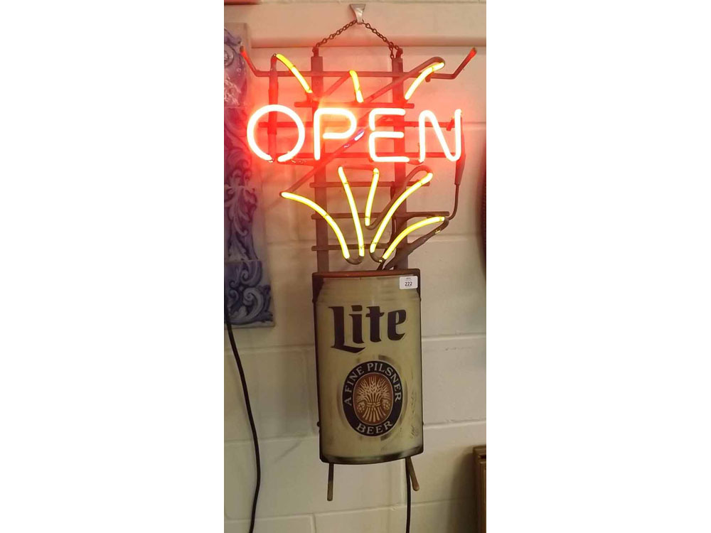 Unusual neon electric shop 'Open' sign, marked 'Lite Fine Pilsner Beer', 31" high